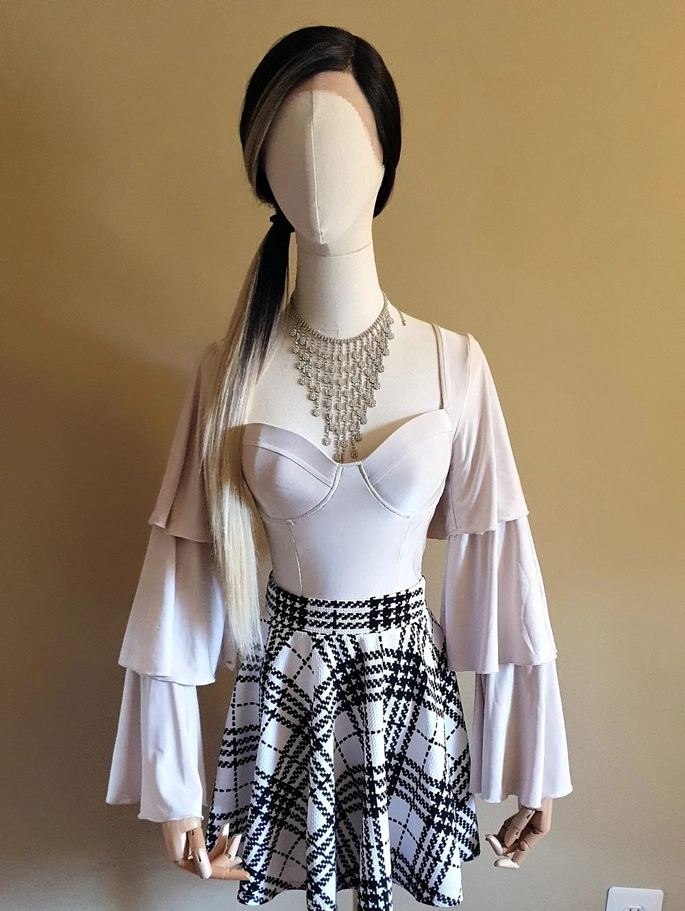 Plaid Corset Bodysuit in White & Black NWT
